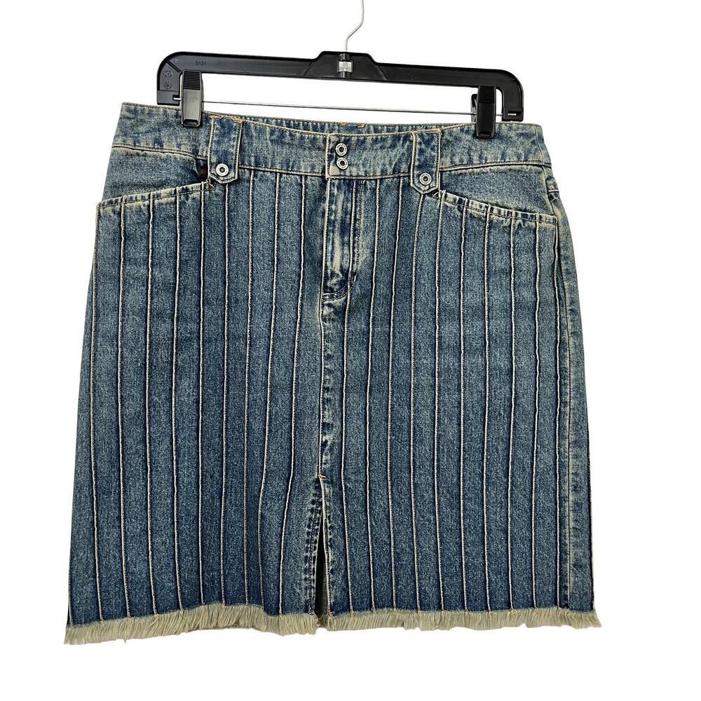 VTG Ralph Lauren Denim‎ Mini Skirt Size 10 Blue Southwestern Y2K Slit Fringe Hem